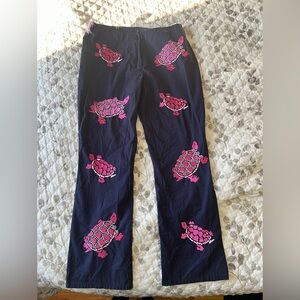 C J Laing 100 % cotton Navy Pants with Embroidered Pink Turtle Print